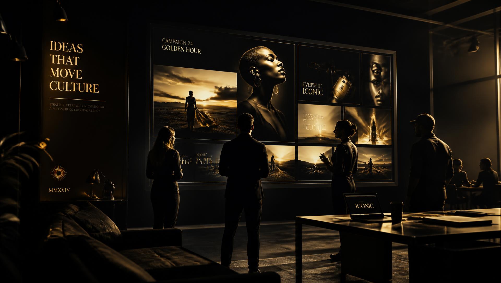 Creative team reviewing a campaign in a cinematic studio